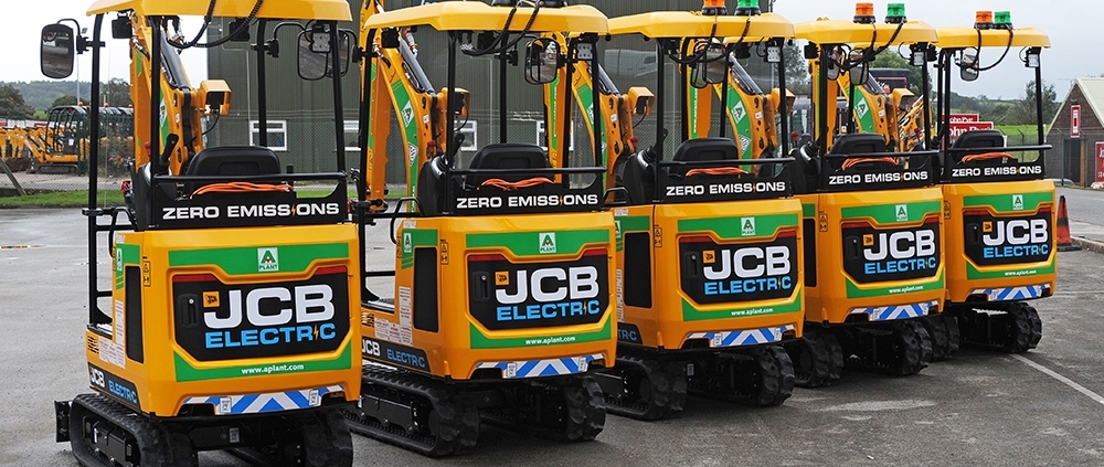 A row of five JCB 19C-1E electric mini excavators
