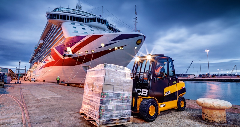 JCB TLT35D moving a pallet by a cruise ship