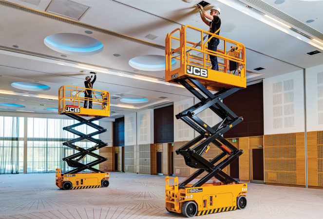 JCB S2632E Access Platform inside an office rewiring the ceiling
