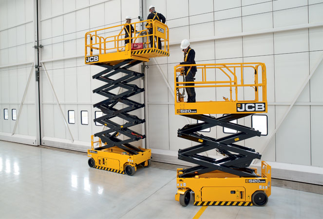 JCB S4046E Access Platform and S2032 Access Platform in a warehouse