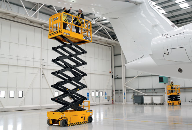 JCB S4046E Access Platform in a warehouse repairing a plane