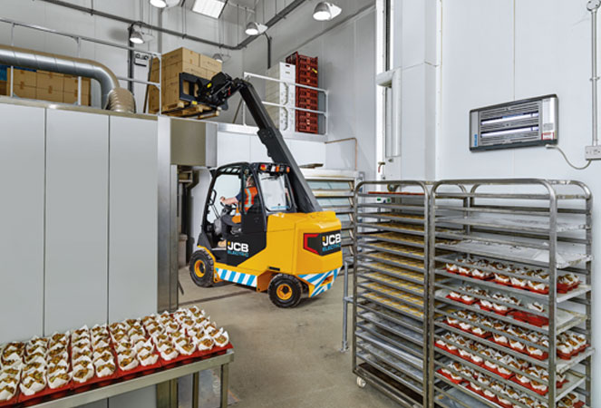 JCB TLT35-22E Industrial Forklift lifting a pallet of boxes inside a warehouse