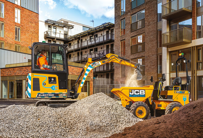 JCB 19C E-TECH Cab unloading its bucket into a 1T-E Dumper