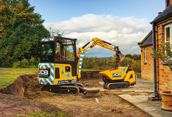 JCB 19C E-TECH Cab unloading its bucket into a JCB HTD-5E Dumpster