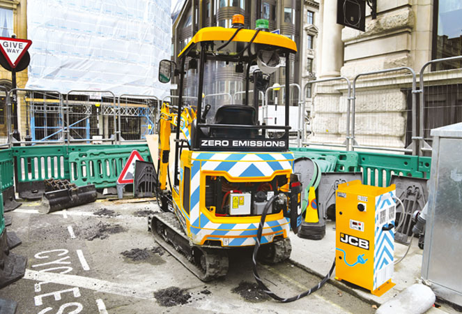 JCB Fast Charger charging a JCB 19C E-TECH