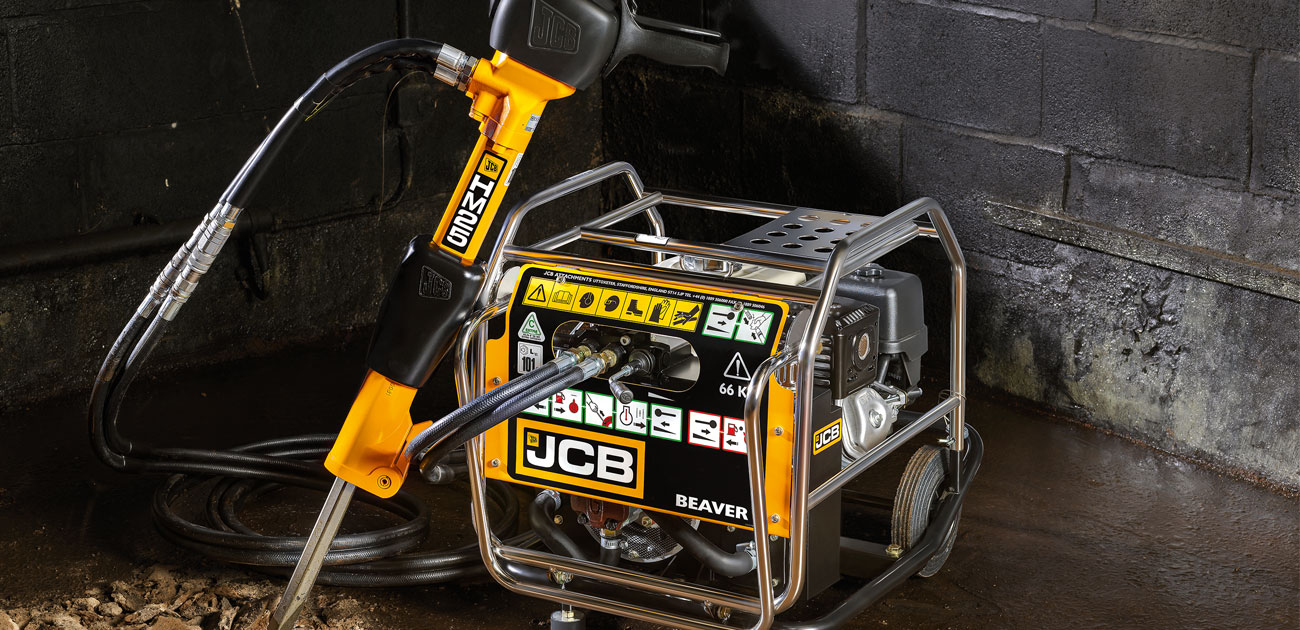 A JCB HM25 breaker with beaver pack