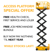 Access Platform Special Offer! Free health check, first service and LOLER. Free JCB merchandise bundle. Buy now pay nothing 'til next year. While stocks last