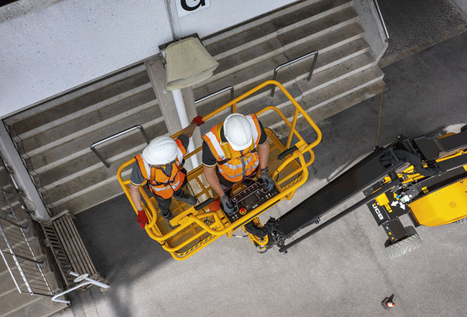 JCB A45EH Hybrid Articulated Boom with two workers in the basket